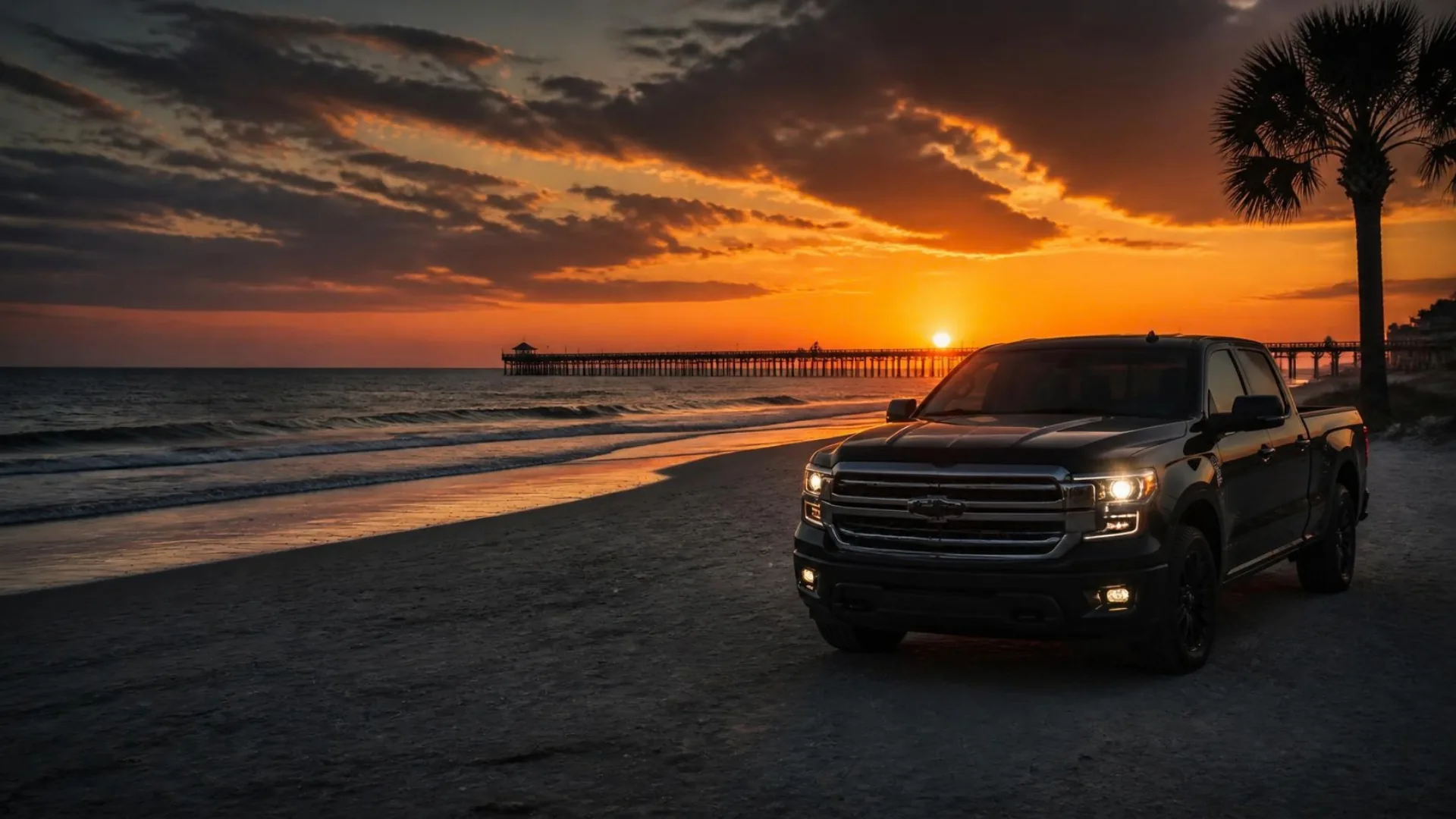 Black pickup parked on the beach at sunset near the Grand Strand pier